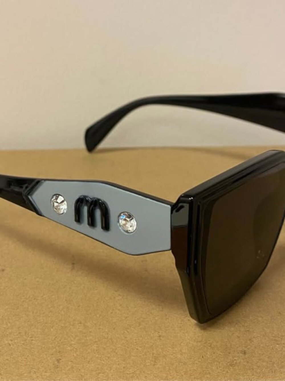 Geometric Black Sunglasses w/ Rhinestone “M” Detail – Trendy Statement Shades